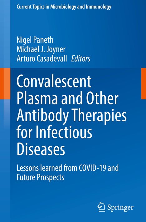 Buchtitel: "Convalescent Plasma and Other Antibody Therapies for Infectious Diseases". Blauer Hintergrund, Springer-Logo.