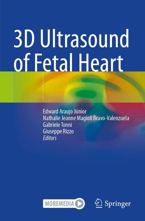 "3D Ultrasound of Fetal Heart" in Weiß auf Blau. Darunter Herausgebernamen. Bunte, wellenartige Muster darunter. Springer-Logo.