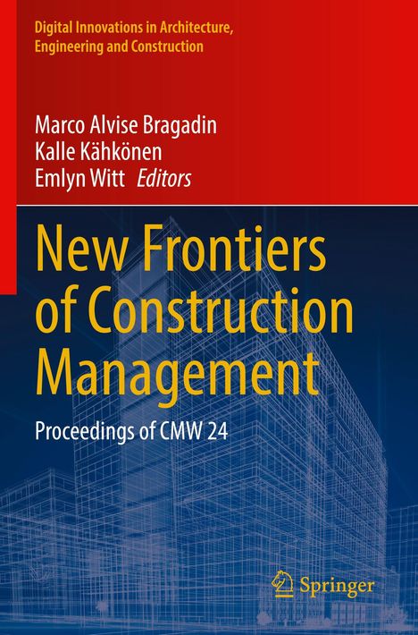 "New Frontiers of Construction Management" steht in Gelb. Hintergrund: Technische Gebäudezeichnung. Springer-Logo unten.