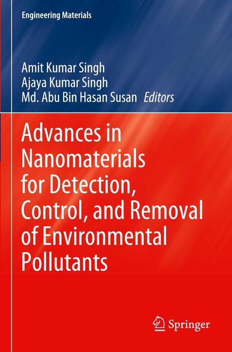 "Advances in Nanomaterials for Detection, Control, and Removal of Environmental Pollutants", blaue und rote Farbgebung.