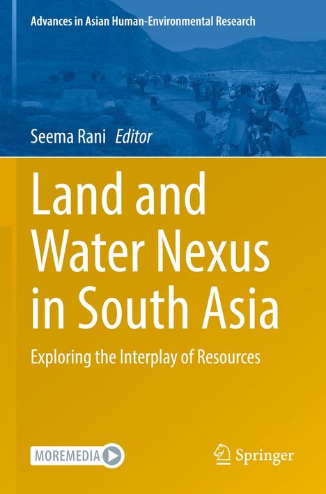"Land and Water Nexus in South Asia" von Seema Rani. Gelber Hintergrund, Menschen und Tiere in einer bergigen Landschaft.