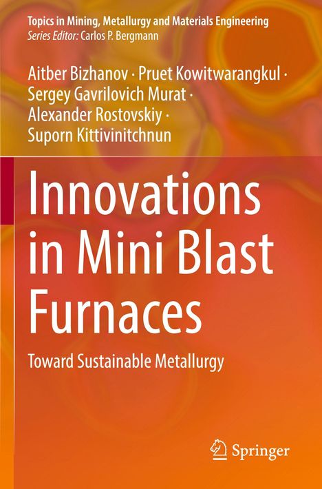 "Topics in Mining, Metallurgy and Materials Engineering", "Innovations in Mini Blast Furnaces", orange und rote Farbmuster.