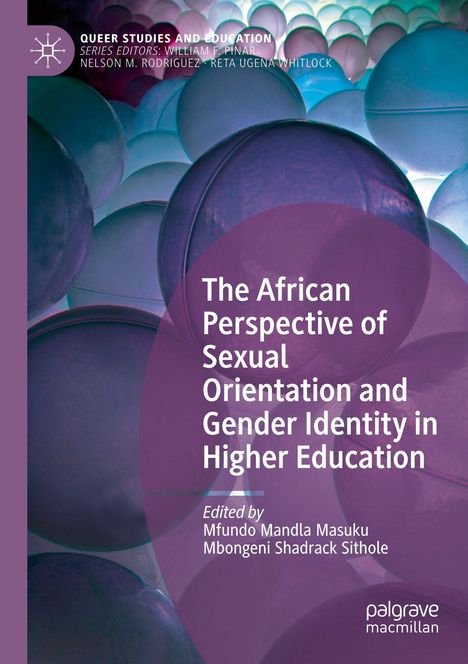 Titel: The African Perspective of Sexual Orientation and Gender Identity in Higher Education. Hintergrund: Blaue und lilafarbene Kugeln.