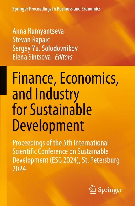 "Finance, Economics, and Industry for Sustainable Development" steht in Schwarz auf orangefarbenem Hintergrund. Oben Namen der Herausgeber. Springer-Logo unten rechts.
