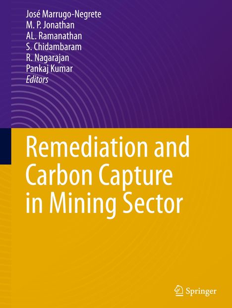 "Remediation and Carbon Capture in Mining Sector" steht zentral. Oben sind Redakteursnamen, unten ein Logo. Farben: Lila, Gelb.