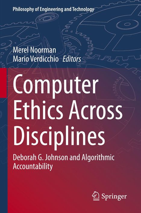 Buchcover mit Titel „Computer Ethics Across Disciplines“. Hintergrund zeigt technische Zahnräder.
