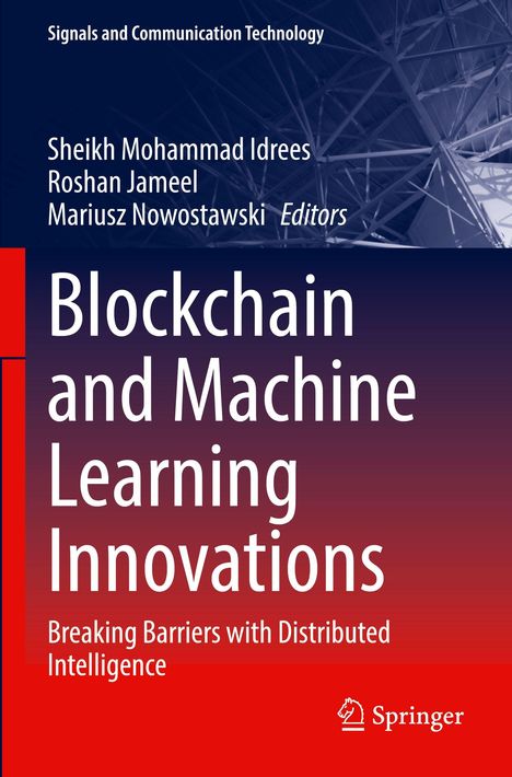 Buchtitel: "Blockchain and Machine Learning Innovations". Hintergrund: Technische Struktur im Blau-Rot-Farbverlauf.