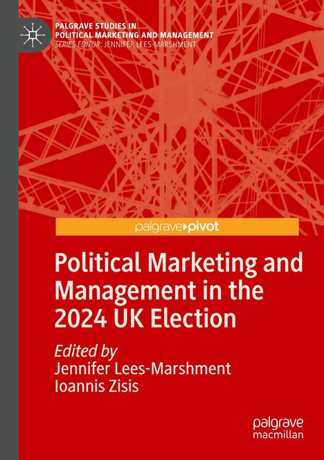 "Political Marketing and Management in the 2024 UK Election", roter Hintergrund, weiße Schrift, abstrahierte Liniengrafik.