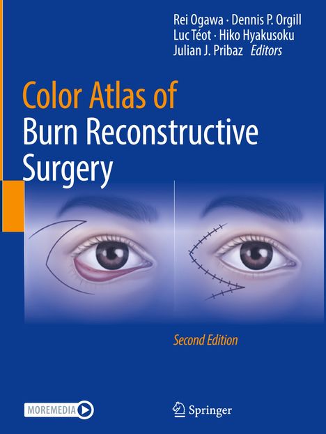 "Color Atlas of Burn Reconstructive Surgery", blaue Illustration mit zwei Augen, das rechte hat eine Narbenzeichnung.