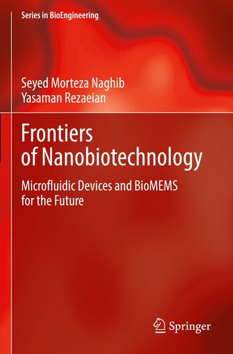 Text: "Frontiers of Nanobiotechnology: Microfluidic Devices and BioMEMS for the Future." Rote, abstrakte Hintergrundgestaltung.