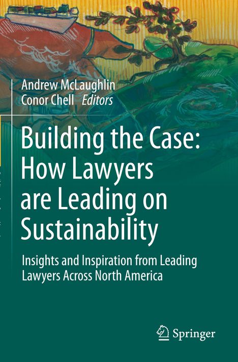 Text: Building the Case: How Lawyers are Leading on Sustainability. Illustration mit Landschaft und Fluss. Springer-Logo.