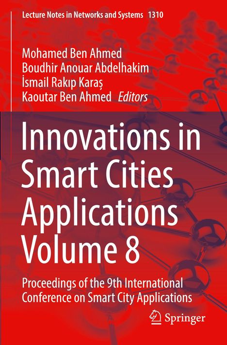Titel: "Innovations in Smart Cities Applications Volume 8". Rotes Cover mit molekularer Struktur im Hintergrund. Springer-Logo.