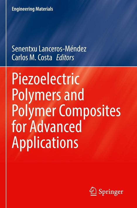 Text: "Piezoelectric Polymers and Polymer Composites for Advanced Applications", blau-roter Hintergrund, Springer-Logo.