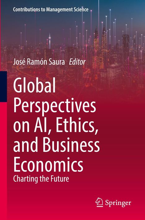 Buchtitel: "Global Perspectives on AI, Ethics, and Business Economics". Hintergrund: Skyline mit digitalem Netzwerk.