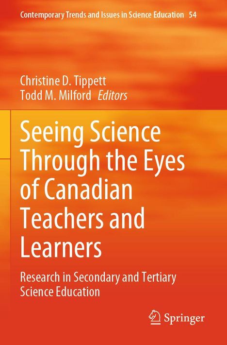 Ein orangefarbener Buchumschlag mit dem Titel: "Seeing Science Through the Eyes of Canadian Teachers and Learners".
