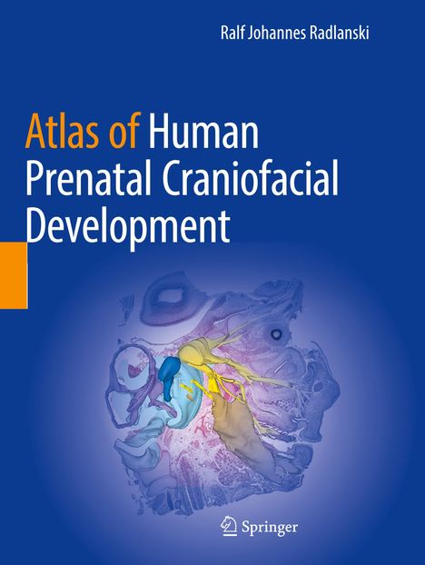 Titel: "Atlas of Human Prenatal Craniofacial Development". Illustration eines farbigen embryonalen Kopfquerschnitts.
