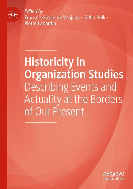 Buchtitel: "Historicity in Organization Studies". Roter Hintergrund mit weißem Text. Oben links ist ein Logo.
