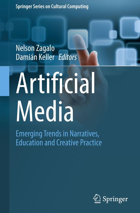 „Artificial Media: Emerging Trends in Narratives, Education and Creative Practice“. Hintergrund mit Hand und digitalen Icons.