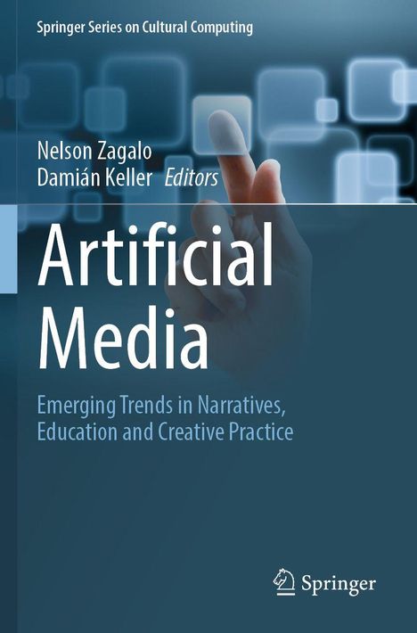 Text: "Artificial Media: Emerging Trends in Narratives, Education and Creative Practice". Finger zeigt auf unscharfe Quadrate.