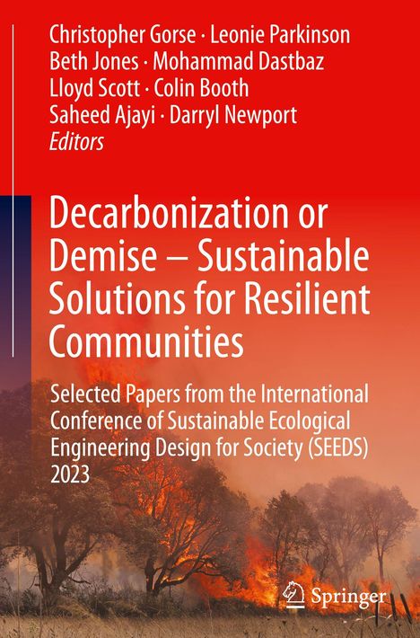 Decarbonization or Demise – Solutions für widerstandsfähige Gemeinschaften. Hintergrund: brennende Wälder, roter Himmel.
