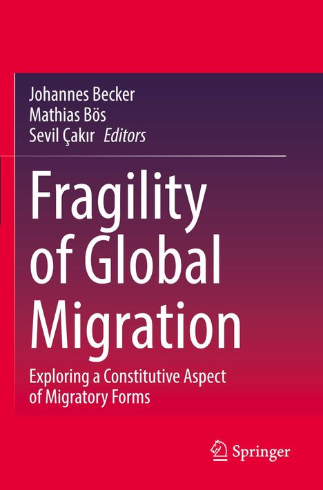 Oben stehen Namen der Herausgeber. Groß: "Fragility of Global Migration". Unten: "Exploring a Constitutive Aspect...". Rotes Design.