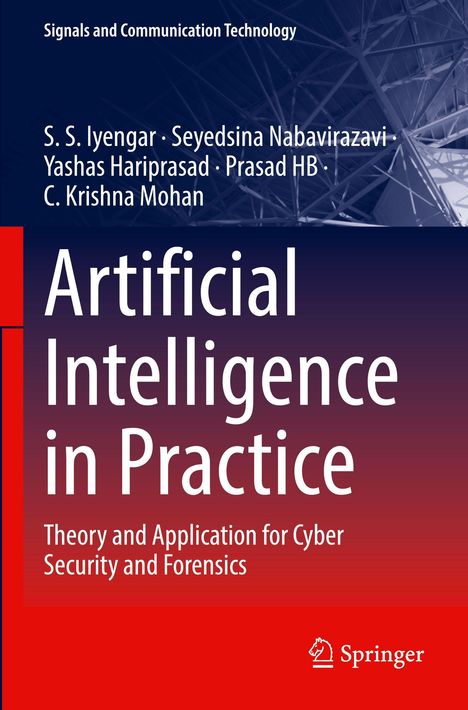 „Artificial Intelligence in Practice: Theory and Application for Cyber Security and Forensics“ steht vor blau-rotem Hintergrund.