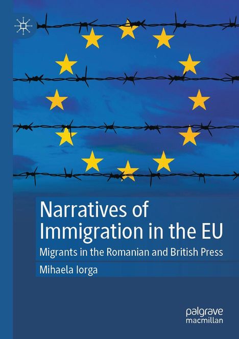 "Narratives of Immigration in the EU" ist der Titel. EU-Sterne hinter Stacheldraht, blauer Hintergrund.