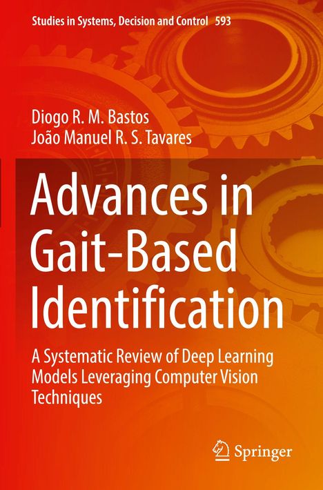 Titel: Advances in Gait-Based Identification. Rotes Cover mit Zahnräder-Illustration. Springer-Logo unten rechts.