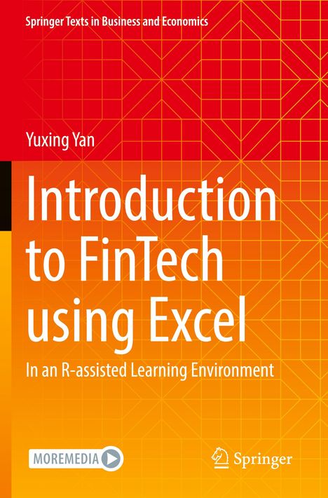 Titel: "Introduction to FinTech using Excel". Autorenname und Verlagssymbol auf rotem und orangefarbenem geometrischem Hintergrund.