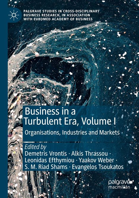 "Business in a Turbulent Era, Volume I" in weißem Text auf abstraktem, blauem Hintergrund; mehrere Editoren genannt.