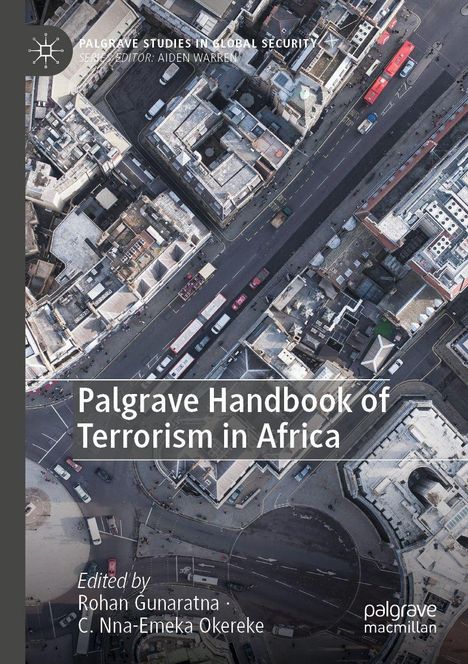 "Palgrave Handbook of Terrorism in Africa" steht im Vordergrund, umgeben von einer Luftaufnahme einer Stadt.