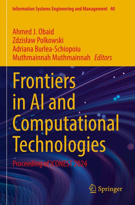 "Frontiers in AI and Computational Technologies. Proceeding of ICONEST 2024." Gelber Text auf blauem Hintergrund mit Logo.