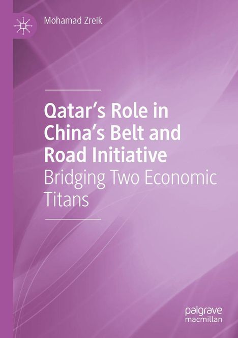 Titel: "Qatar's Role in China's Belt and Road Initiative: Bridging Two Economic Titans." Hintergrund in Lila mit abstraktem Design.