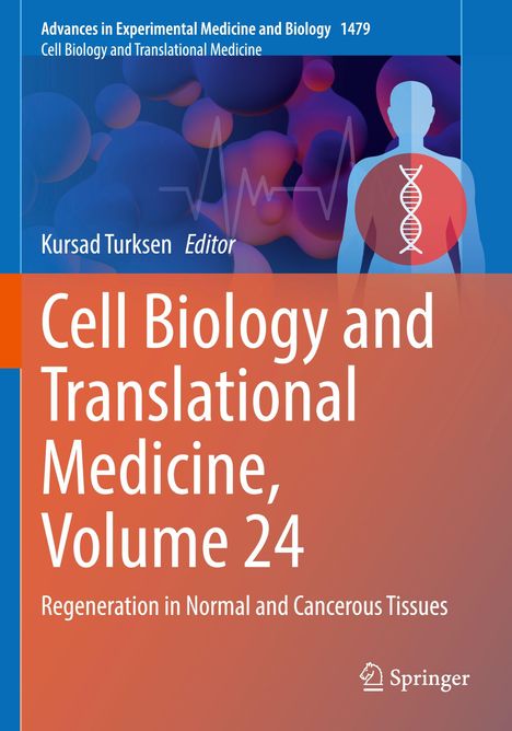 Titel: Cell Biology and Translational Medicine, Volume 24. Silhouette mit DNA-Symbol, abstrakte bunte Kugeln.