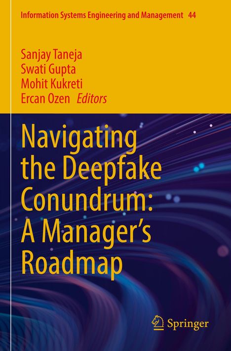 Titel: Navigating the Deepfake Conundrum: A Manager’s Roadmap. Gelber und violetter Hintergrund mit Springer-Logo.