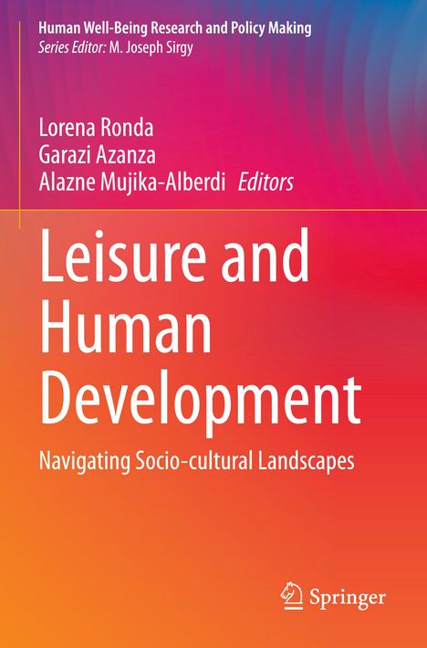 Text oben: "Human Well-Being Research and Policy Making". Titel: "Leisure and Human Development". Hintergrund: Farbverlauf.
