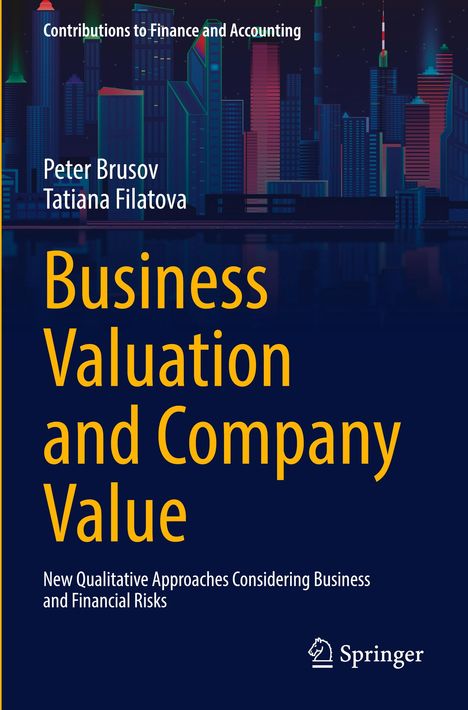 „Business Valuation and Company Value“ steht in großer, gelber Schrift. Im Hintergrund ist eine Stadtansicht bei Nacht.