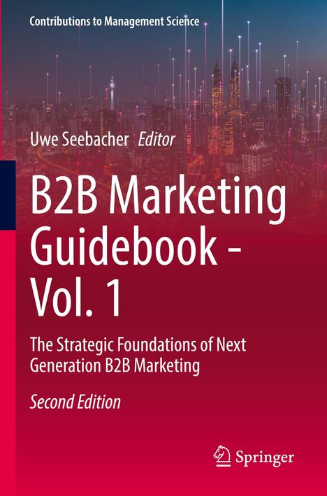 "B2B Marketing Guidebook - Vol. 1" ist der Titel. Stadtansicht mit Lichtstreifen im Hintergrund, Springer-Logo unten rechts.