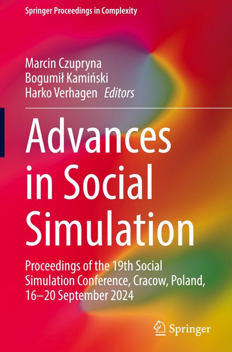 "Advances in Social Simulation" auf buntem Hintergrund, mit Erwähnung einer Konferenz in Krakau, September 2024. Springer-Logo unten.