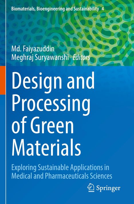 "Design and Processing of Green Materials", ein Buchcover mit blauer und grüner abstrakter Musterung.