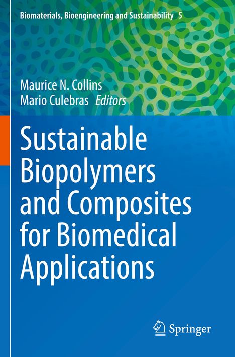 Text: "Sustainable Biopolymers and Composites for Biomedical Applications." Hintergrund: Muster in Grüntönen.