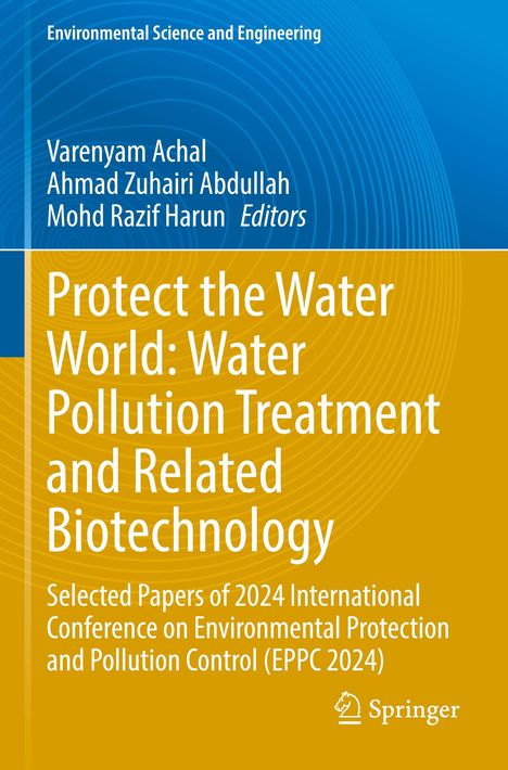 Text: Protect the Water World: Water Pollution Treatment and Related Biotechnology. Buchtitel auf blau-gelbem Hintergrund.
