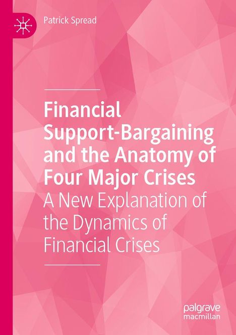 Text: Financial Support-Bargaining and the Anatomy of Four Major Crises. Rosa Hintergrund mit geometrischem Muster.