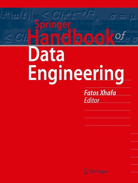 "Springer Handbook of Data Engineering, Fatos Xhafa Editor." Roter Hintergrund mit mathematischen Formeln oben.