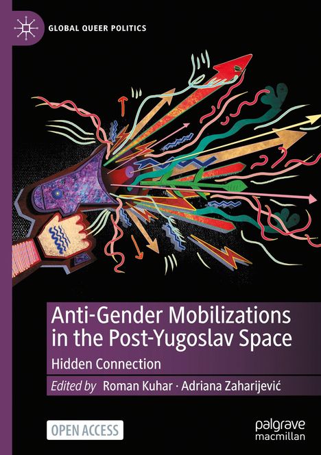 "Anti-Gender Mobilizations in the Post-Yugoslav Space" über einer Handpistole, die bunte Pfeile und Formen abschießt.