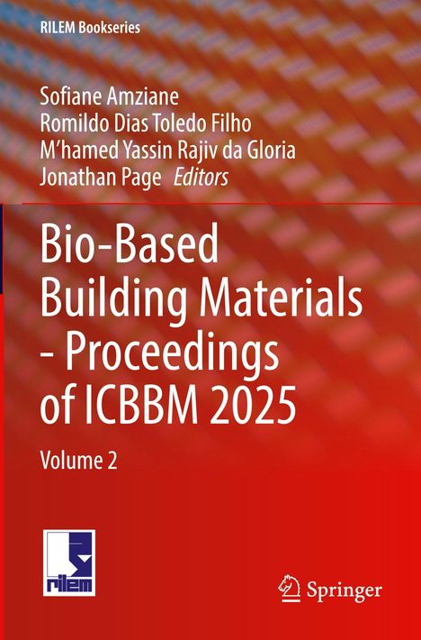 RILEM Buchreihe über Bio-basierte Baumaterialien, Band 2. Vor einem rot gemusterten Hintergrund. RILEM und Springer Logos.