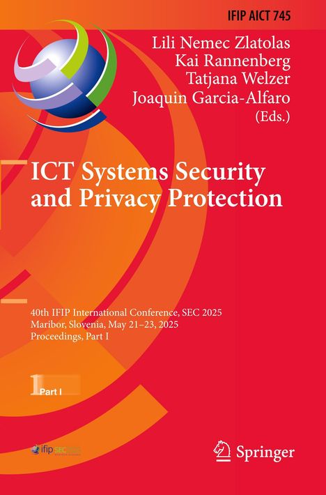 Titel: ICT Systems Security and Privacy Protection. Rote und orange Gestaltung mit einem abstrakten, kugelförmigen Logo.