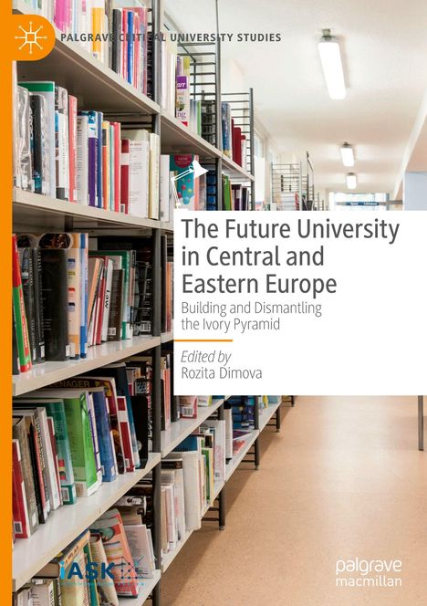 „The Future University in Central and Eastern Europe“ von Rozita Dimova. Bibliothek mit Bücherregal und Neonlichtern.