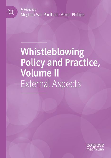 Text: "Whistleblowing Policy and Practice, Volume II: External Aspects." Lila Hintergrund mit weißem Text und einfachen Mustern.