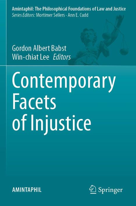 "Contemporary Facets of Injustice" von Babst und Lee. Titel, Autoren und eine Justitia-Statue mit Waage als Illustration.